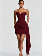 Women's Strapless Mini Dress – Elegant Bow-Pleated Hem Bodycon Party Dress