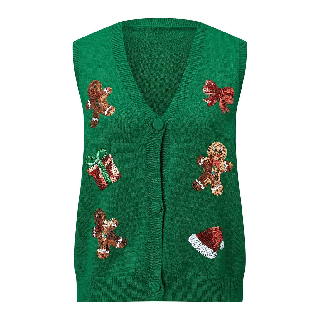 Women's Christmas Sweater Vest – Festive Sequin Gingerbread Men and Candy Cane Button-Up Cardigan
