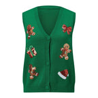Women's Christmas Sweater Vest – Festive Sequin Gingerbread Men and Candy Cane Button-Up Cardigan