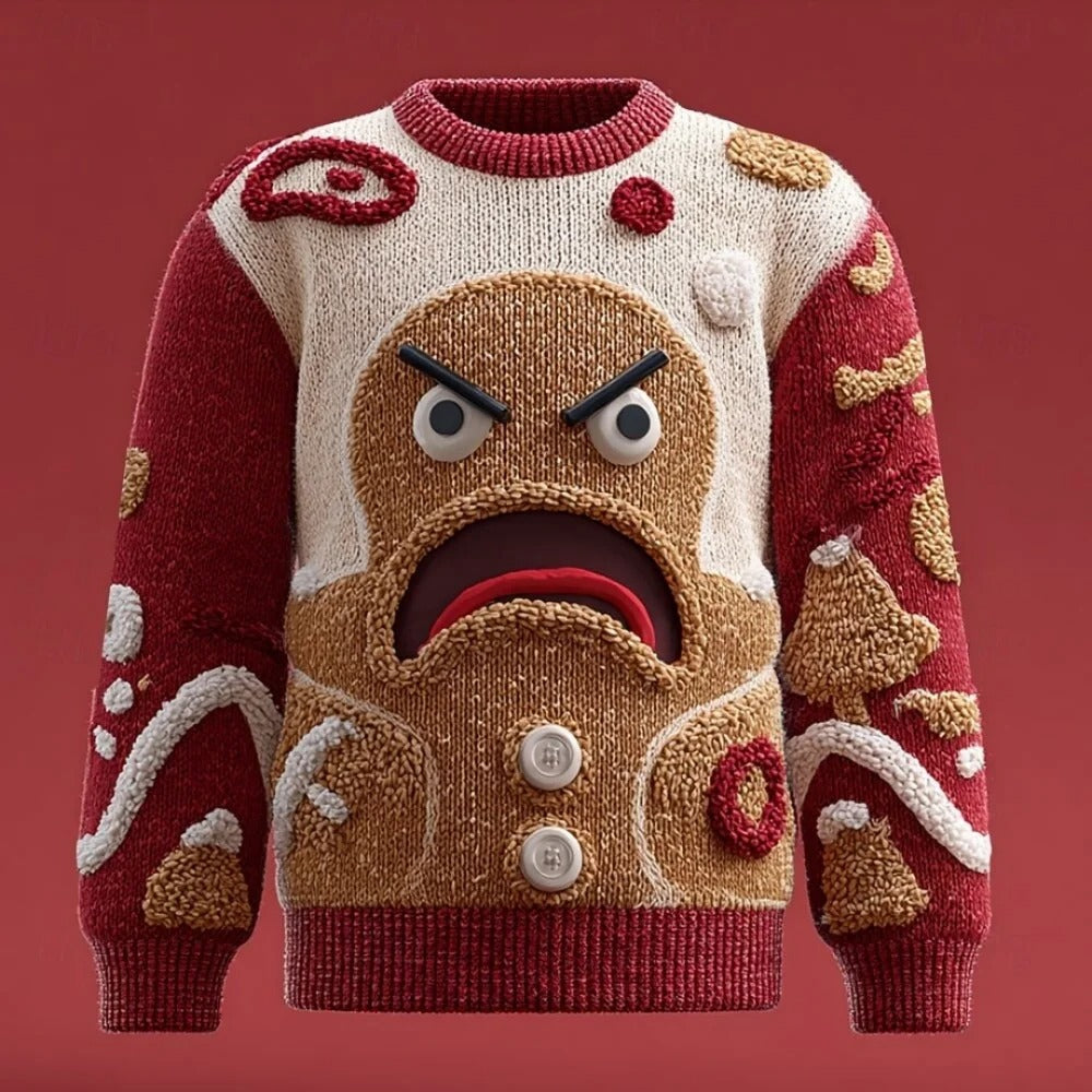 Men's Christmas Sweater – 3D Santa Claus Face Fuzzy Knit Pullover with Long Sleeves