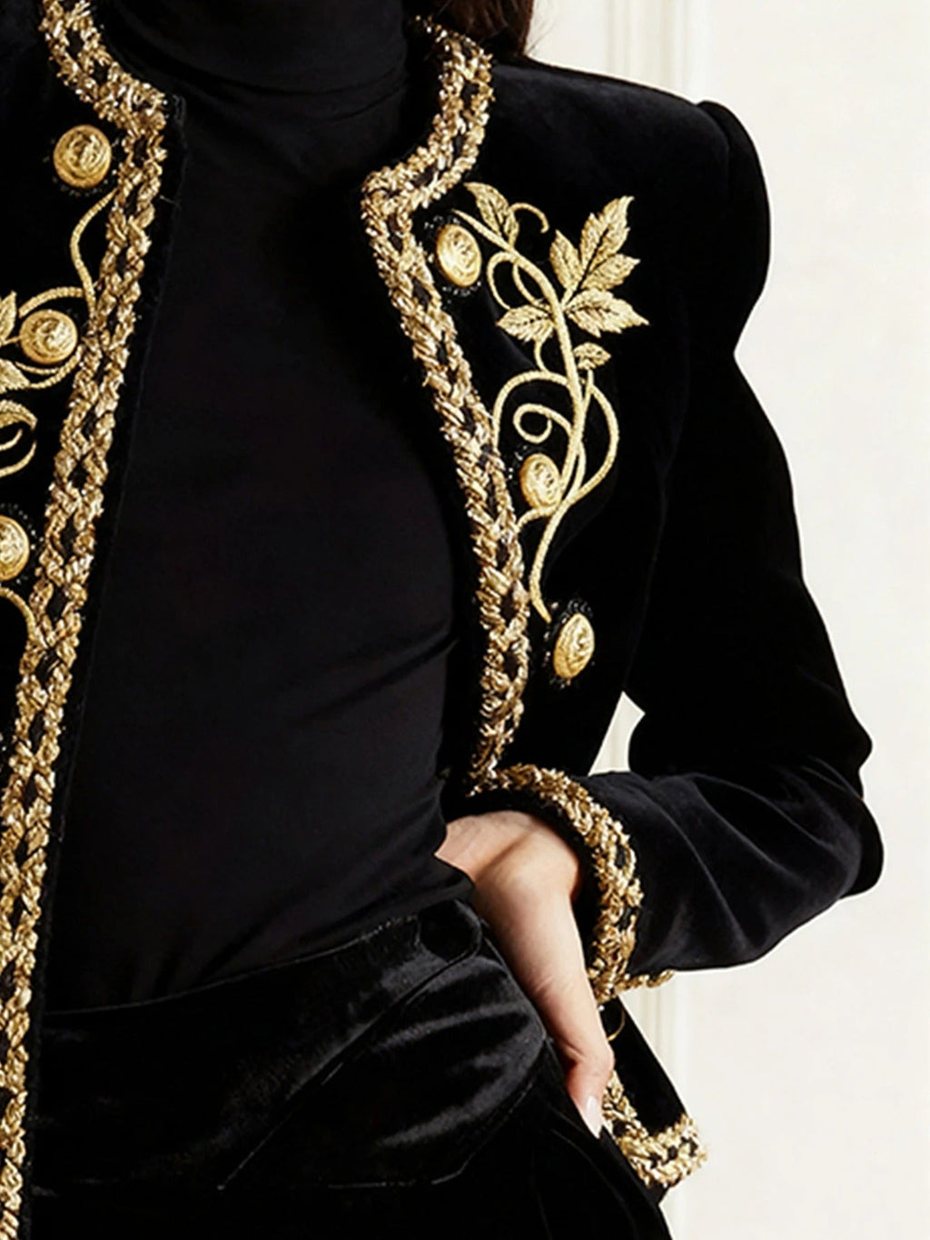 Women's Black Velvet Jacket – Gold Floral Embroidered Long Sleeve Button-Up Coat
