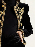 Women's Black Velvet Jacket – Gold Floral Embroidered Long Sleeve Button-Up Coat