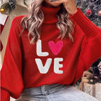 Women's Christmas Sweater – Oversized Turtleneck Knit Pullover with Merry Letter Print
