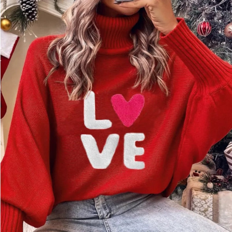 Women's Christmas Sweater – Oversized Turtleneck Knit Pullover with Merry Letter Print