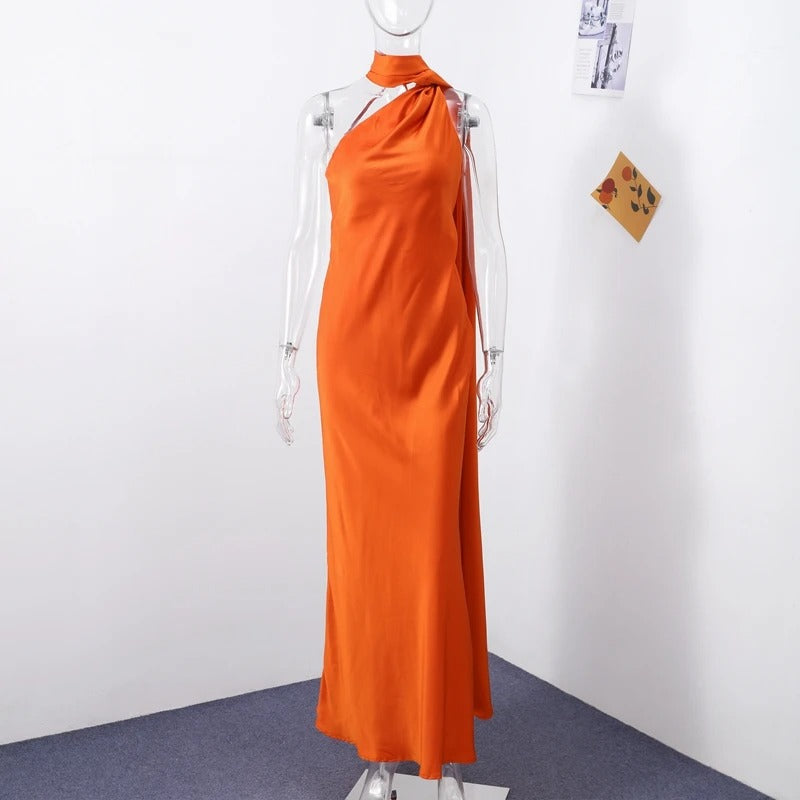 Women's Satin Halter Neck Maxi Dress – Backless Evening Gown with Long Flowing Scarf