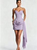 Women's Strapless Mini Dress – Elegant Bow-Pleated Hem Bodycon Party Dress