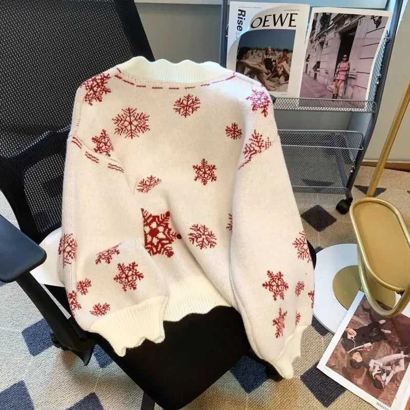 Women's Christmas Snowflake Sweater – Vintage White Knit Pullover with Red Snowflake Print