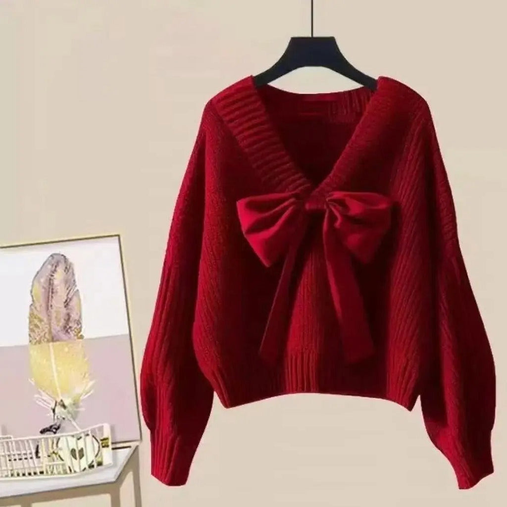 Women's V-Neck Knit Sweater with Large Bow – Elegant Batwing Sleeve Pullover