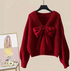 Women's V-Neck Knit Sweater with Large Bow – Elegant Batwing Sleeve Pullover