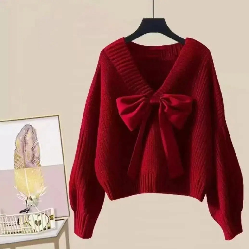 Women's V-Neck Knit Sweater with Large Bow – Elegant Batwing Sleeve Pullover