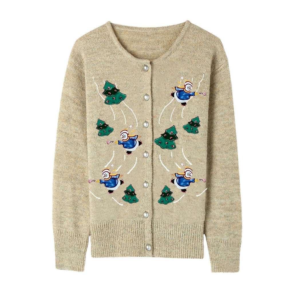 Women's Christmas Cardigan – Snowman Embroidery Button-Up Knit Sweater