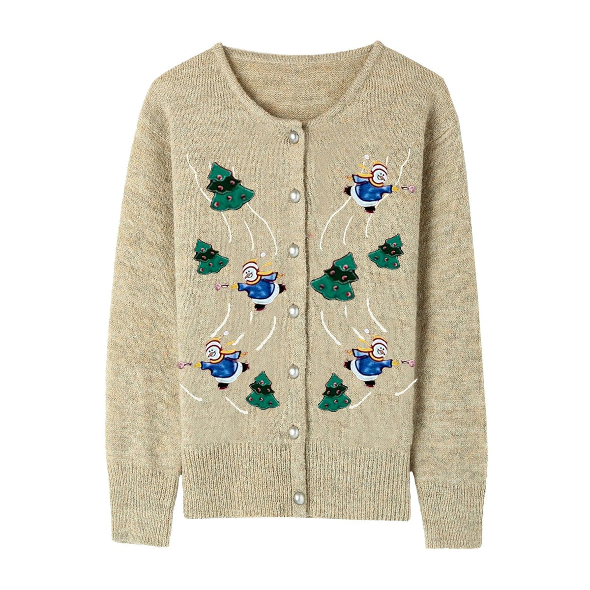 Women's Christmas Cardigan – Snowman Embroidery Button-Up Knit Sweater