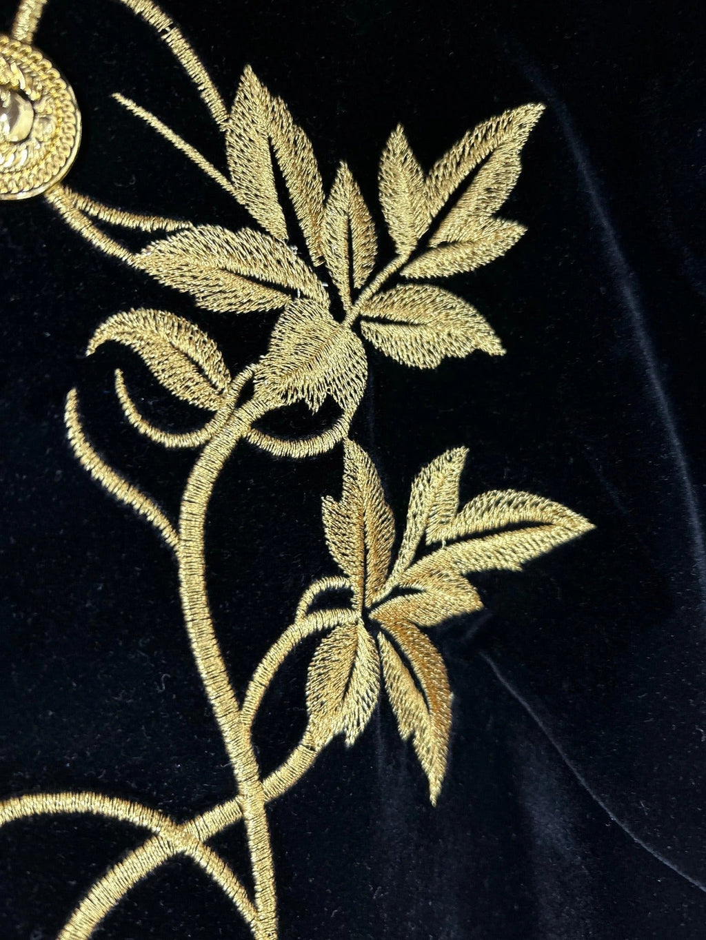 Women's Black Velvet Jacket – Gold Floral Embroidered Long Sleeve Button-Up Coat