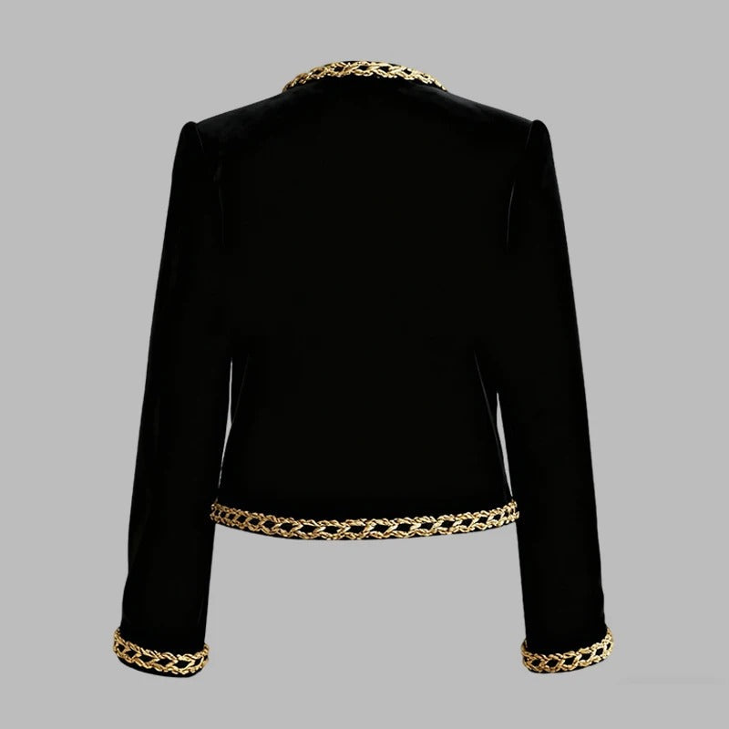Women's Black Velvet Jacket – Gold Floral Embroidered Long Sleeve Button-Up Coat