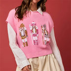 Women's Christmas Sweater Vest – Festive Sequin Gingerbread Men and Candy Cane Button-Up Cardigan