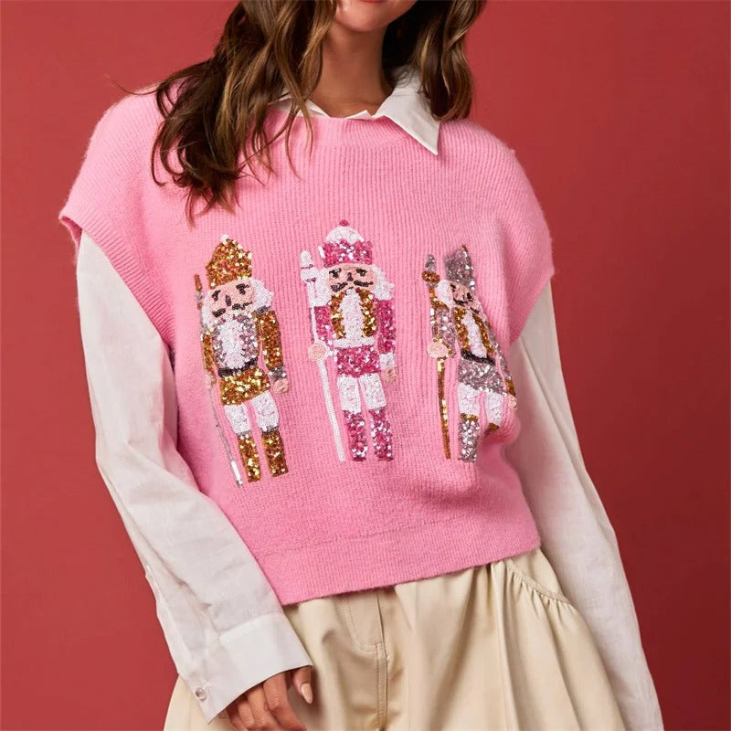 Women's Christmas Sweater Vest – Festive Sequin Gingerbread Men and Candy Cane Button-Up Cardigan