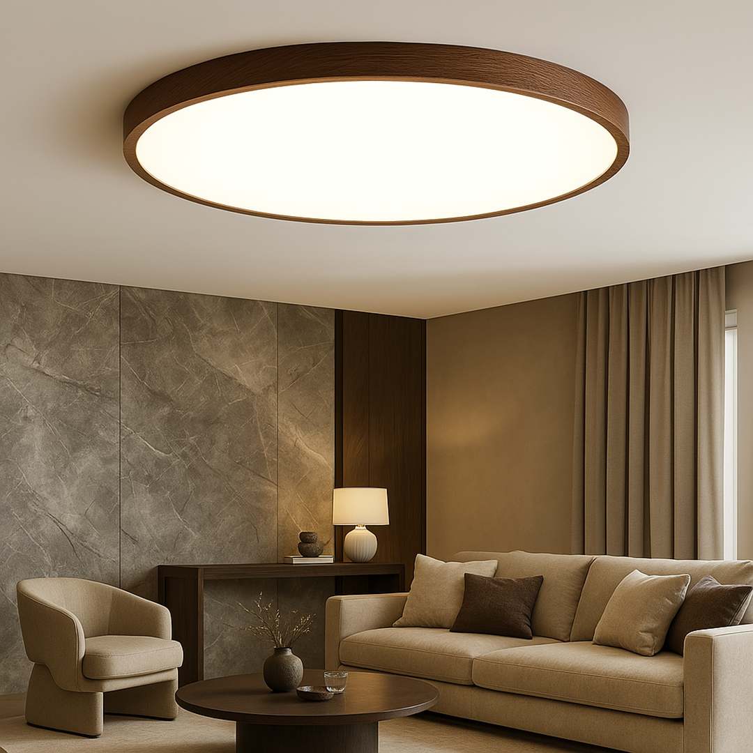 Dark Wood Grain Ceiling Lamp – Round Diffuser Minimalist Natural Design