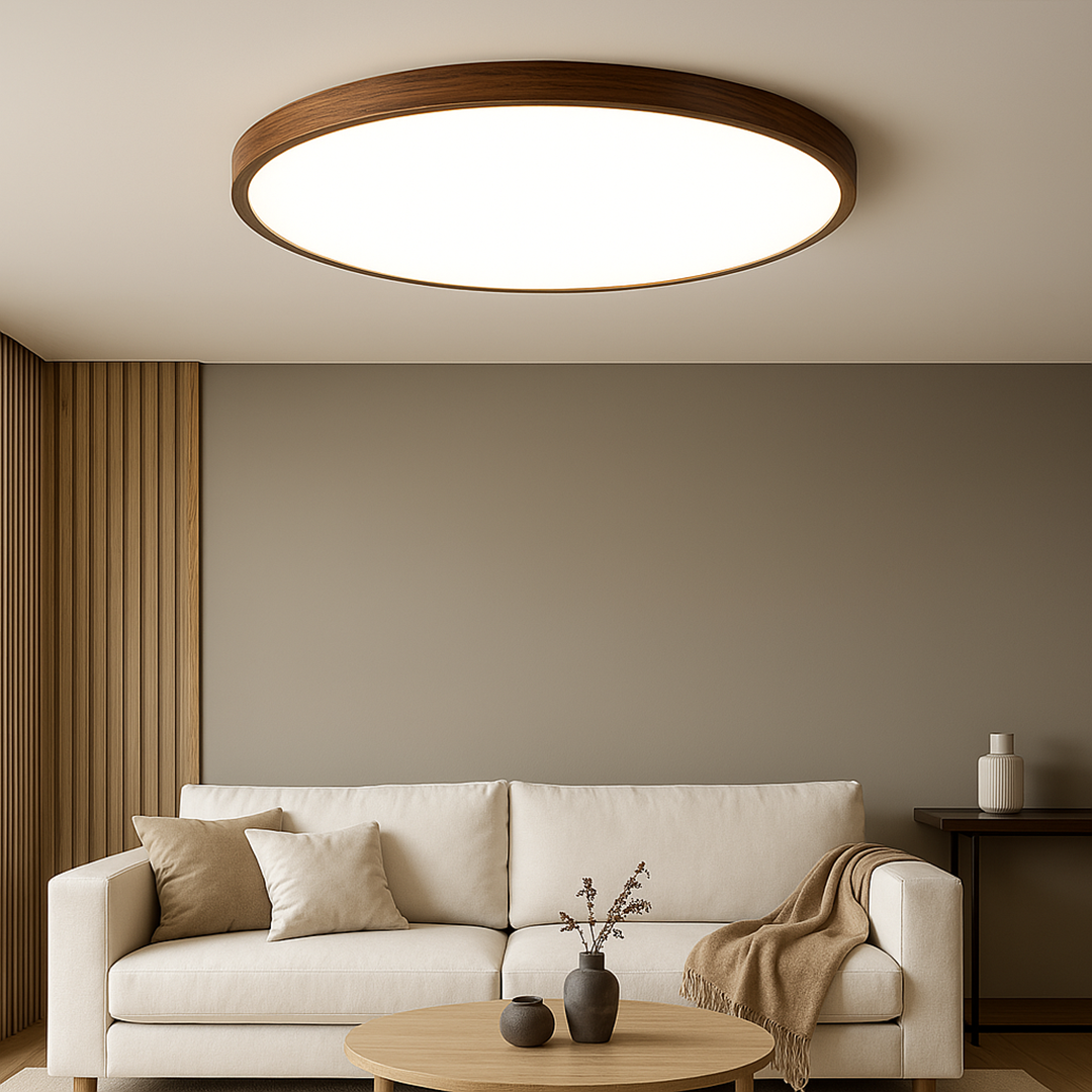 Dark Wood Grain Ceiling Lamp – Round Diffuser Minimalist Natural Design
