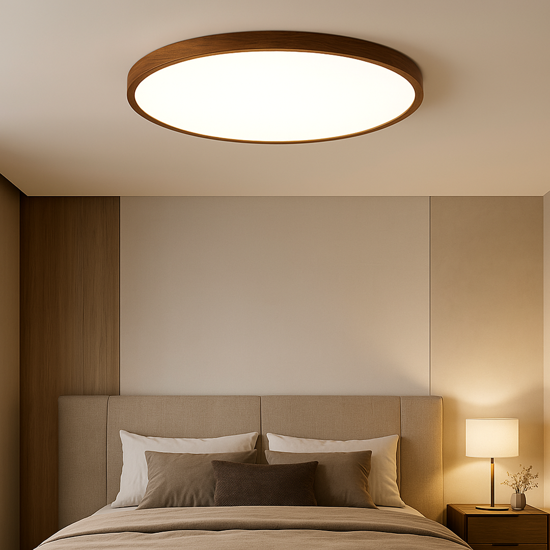 Dark Wood Grain Ceiling Lamp – Round Diffuser Minimalist Natural Design