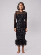 Women's Sequin Midi Dress with Feather Trim Hem | Long Sleeve Mesh Evening Dress for Christmas Parties and Festive Events