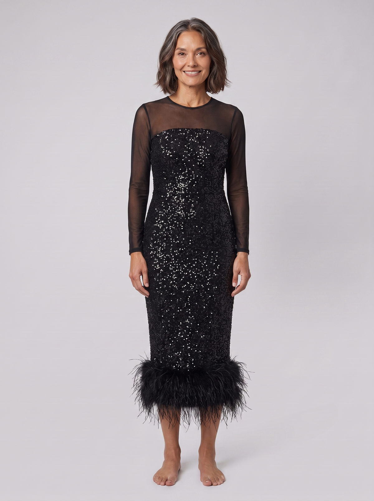 Women's Sequin Midi Dress with Feather Trim Hem | Long Sleeve Mesh Evening Dress for Christmas Parties and Festive Events