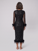 Women's Sequin Midi Dress with Feather Trim Hem | Long Sleeve Mesh Evening Dress for Christmas Parties and Festive Events