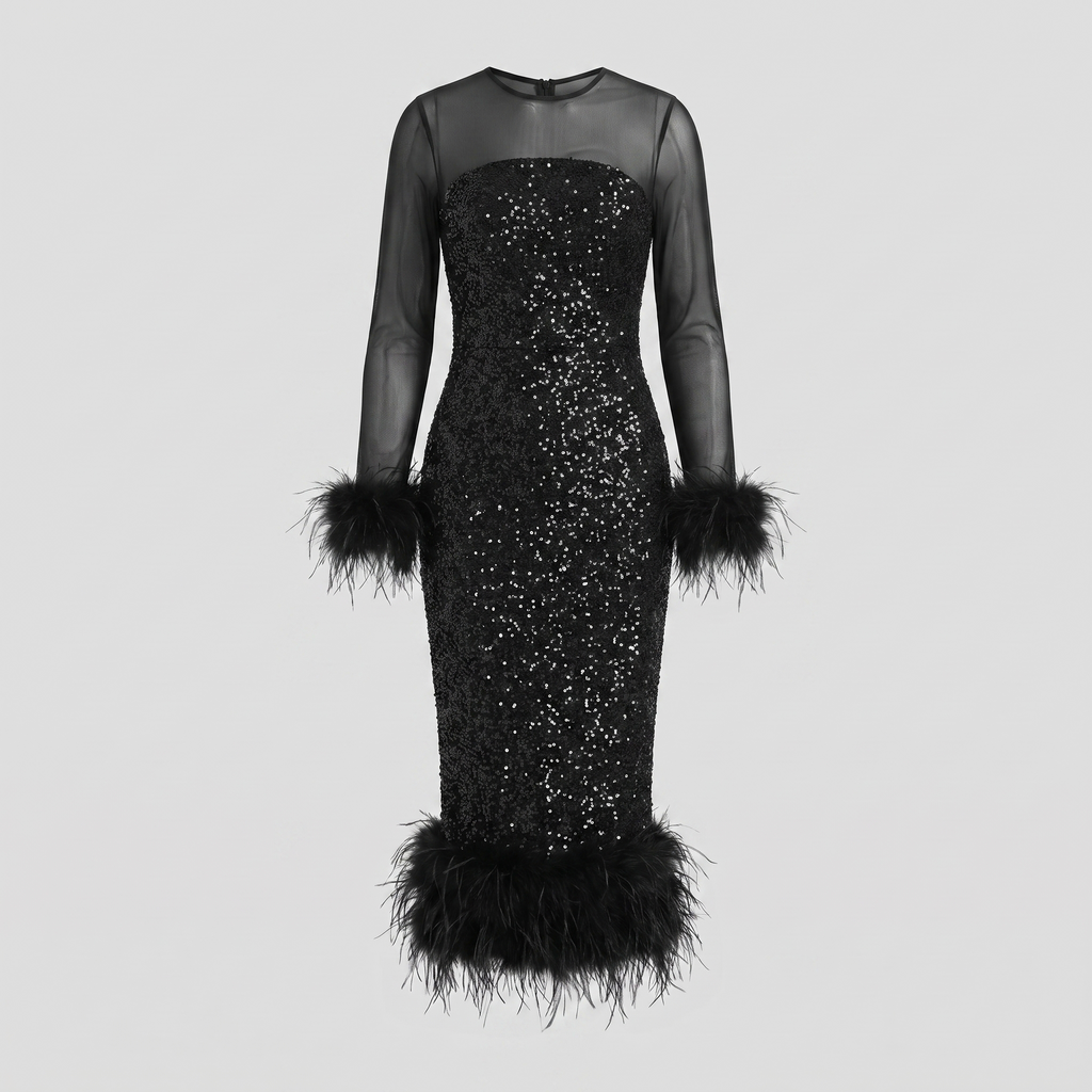 Women's Sequin Midi Dress with Feather Trim Hem | Long Sleeve Mesh Evening Dress for Christmas Parties and Festive Events