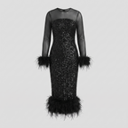 Women's Sequin Midi Dress with Feather Trim Hem | Long Sleeve Mesh Evening Dress for Christmas Parties and Festive Events