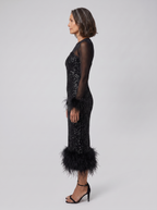 Women's Sequin Midi Dress with Feather Trim Hem | Long Sleeve Mesh Evening Dress for Christmas Parties and Festive Events