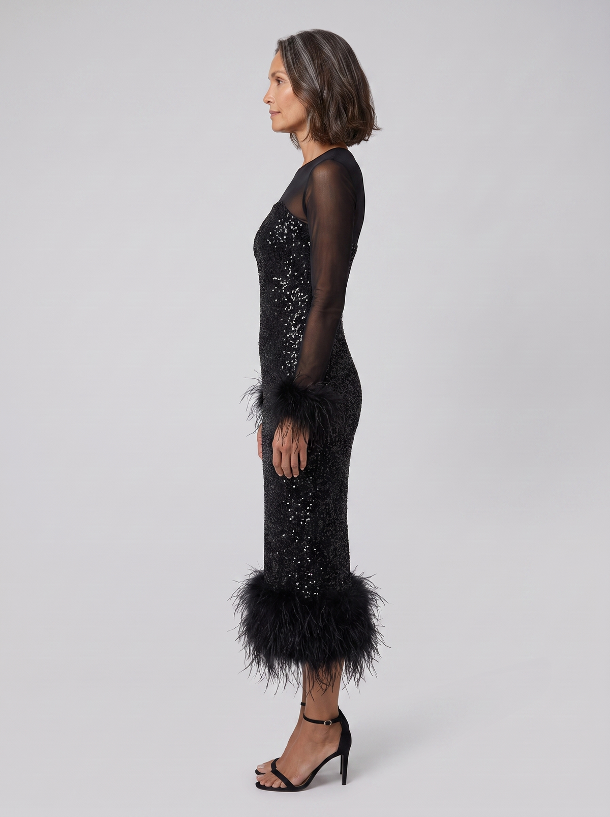 Women's Sequin Midi Dress with Feather Trim Hem | Long Sleeve Mesh Evening Dress for Christmas Parties and Festive Events