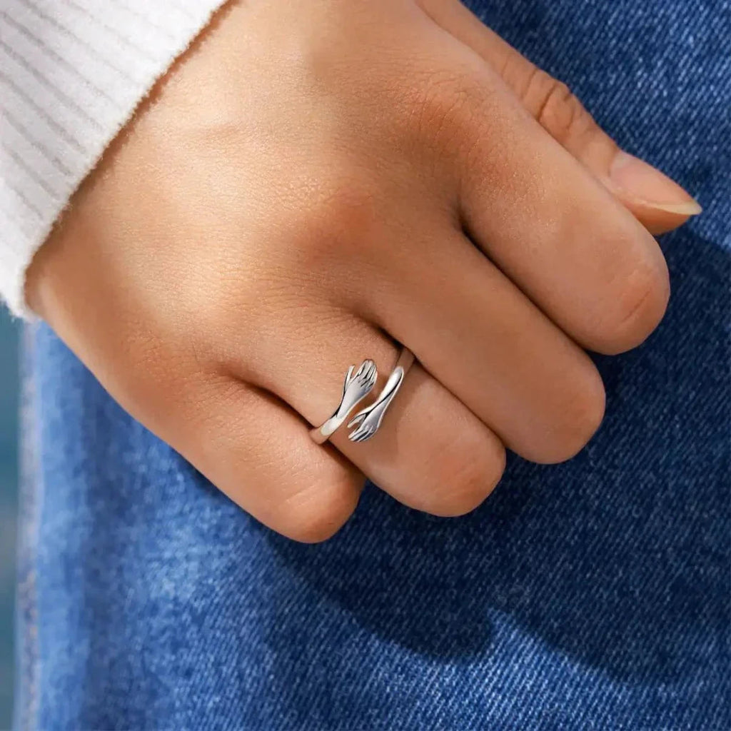 Hugging Hands Ring Adjustable Stainless Steel Band - Symbolic Love and Connection Jewelry Gift for Women and Men - Open Wrap Style