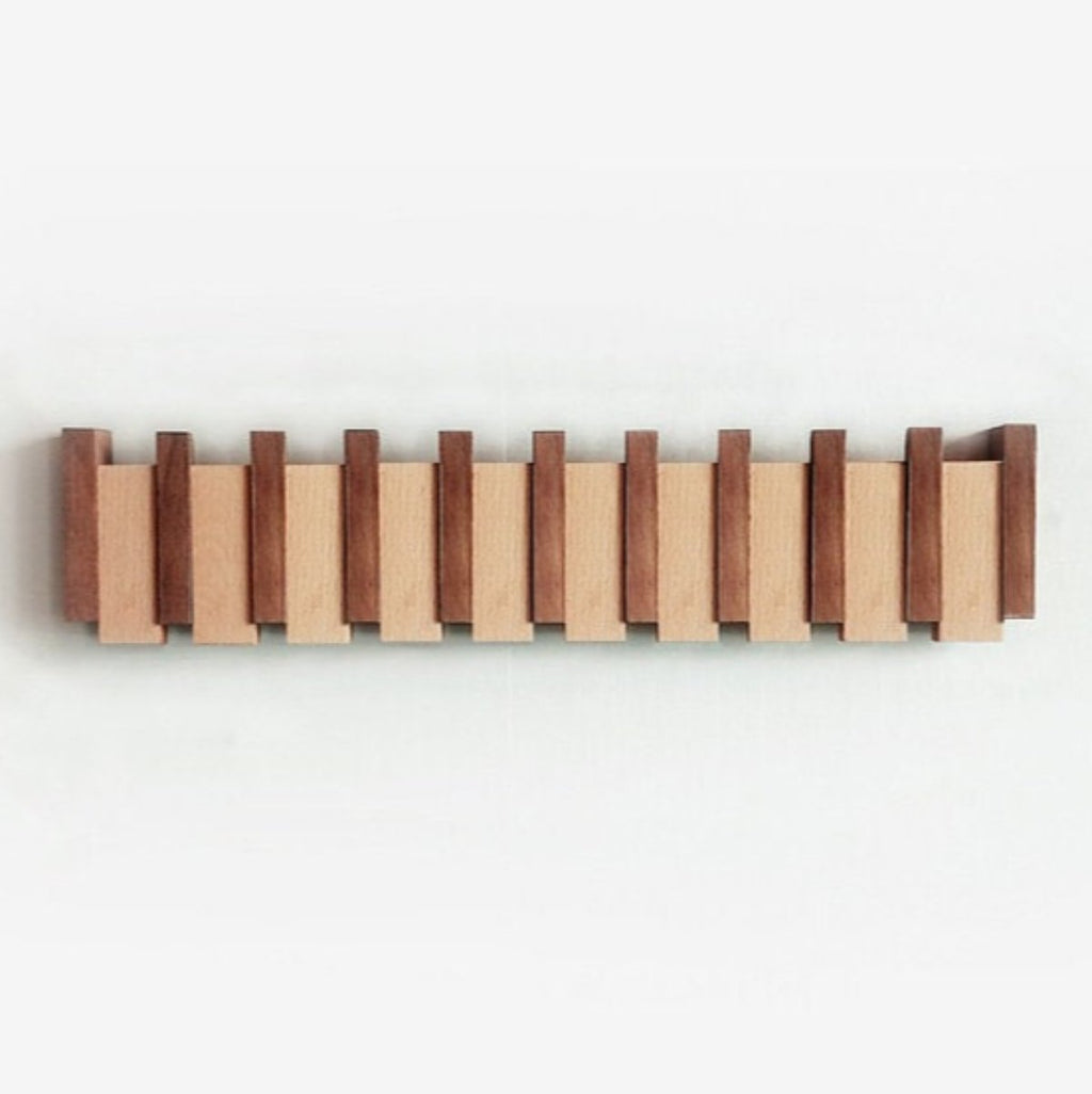 Piano Coat Rack Walnut and Beech Wood | Foldable Magnetic Hooks | Space-Saving Handmade Wall Storage for Entryway