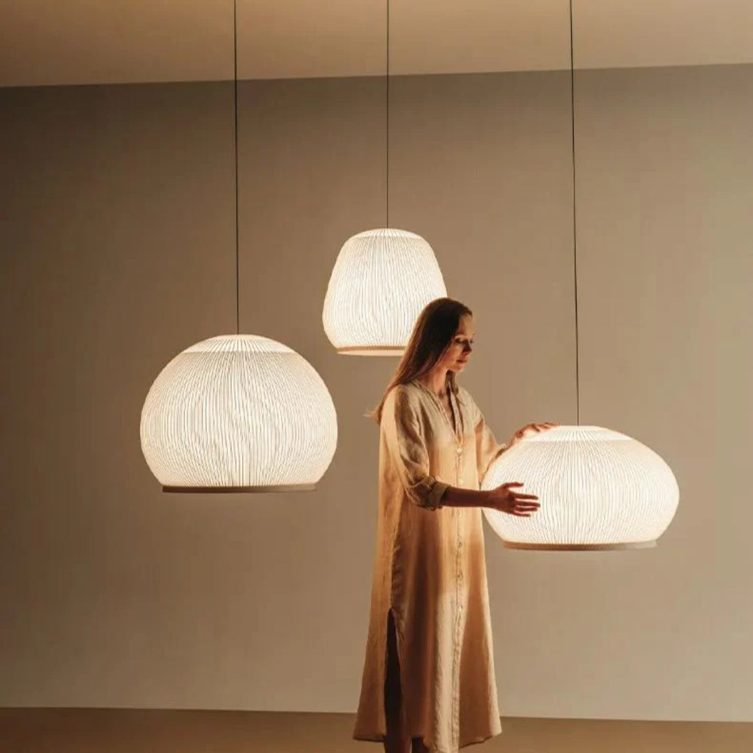 Japandi Ribbed Wood Pendant Light