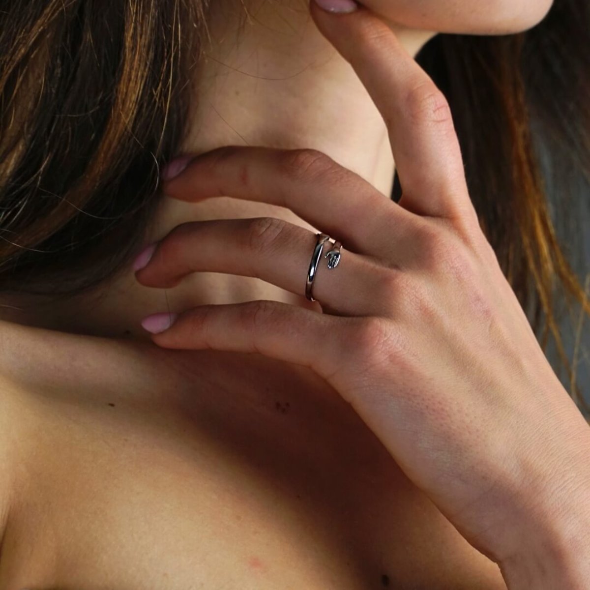 Hugging Hands Ring Adjustable Stainless Steel Band - Symbolic Love and Connection Jewelry Gift for Women and Men - Open Wrap Style