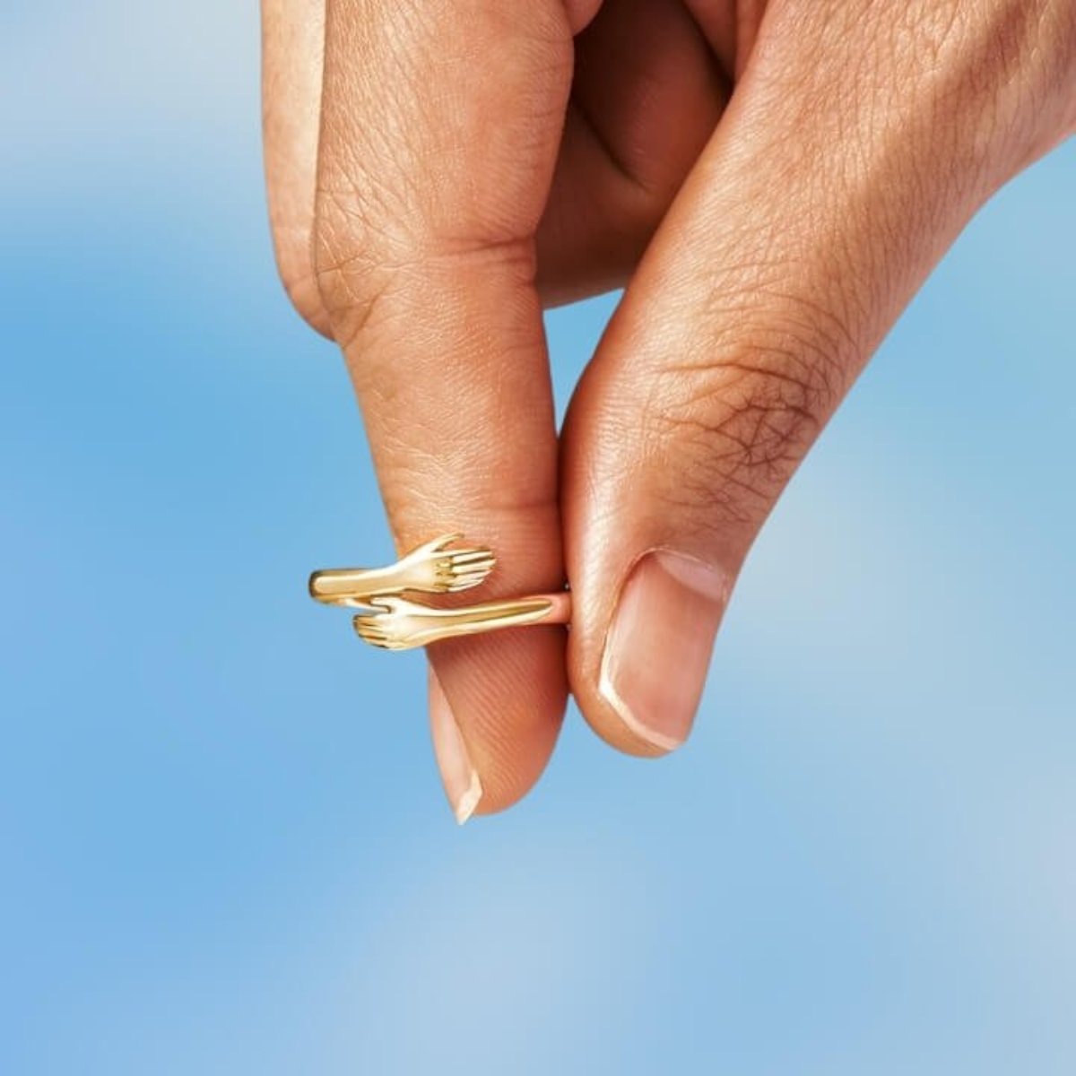 Hugging Hands Ring Adjustable Stainless Steel Band - Symbolic Love and Connection Jewelry Gift for Women and Men - Open Wrap Style