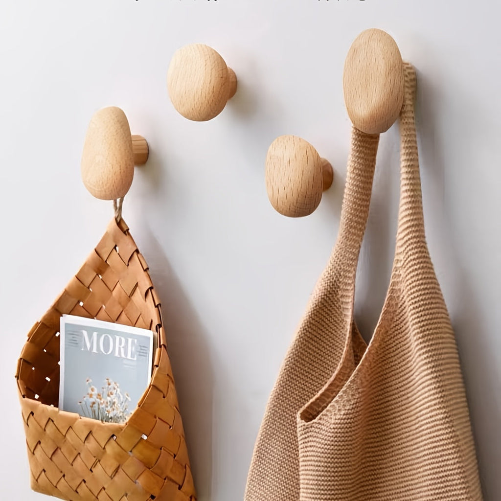 Wall Hooks Solid Wood Set of 4 | Organic Pebble Shape | Handcrafted Decorative Storage for Hallway Bathroom or Bedroom