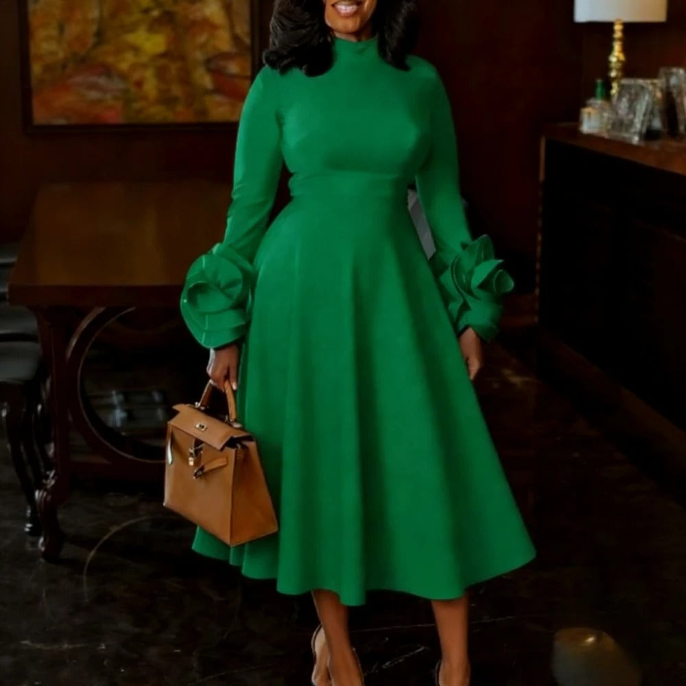 Women's Elegant A-Line Midi Dress – High Neck, Long Sleeves & 3D Floral Cuffs