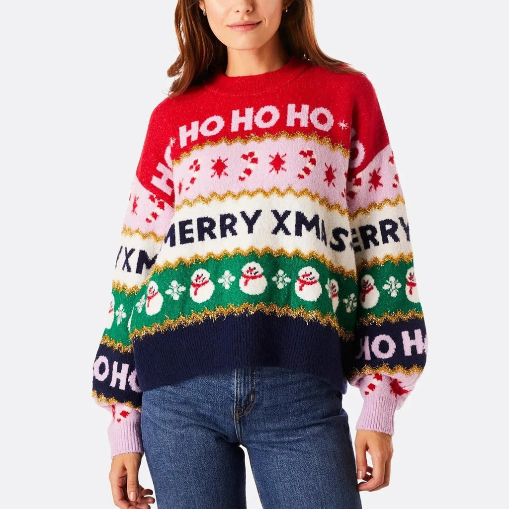 Women's Christmas Knit Sweater – Colorful Ho Ho Ho & Merry Christmas Snowflake Pullover