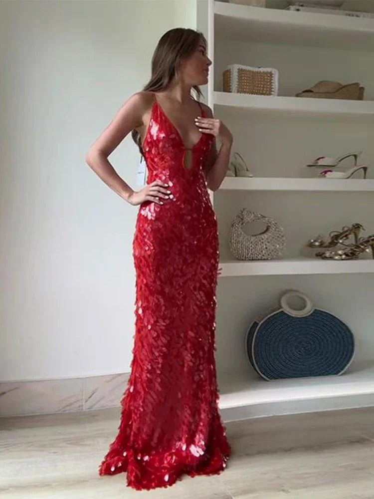 Women's Red Sequin Christmas Party Dress – Spaghetti Strap V-Neck Floor-Length Gown