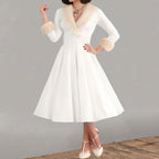 Women's Christmas Dress – Red Long Sleeve V-Neck A-Line Dress with Plush Trim