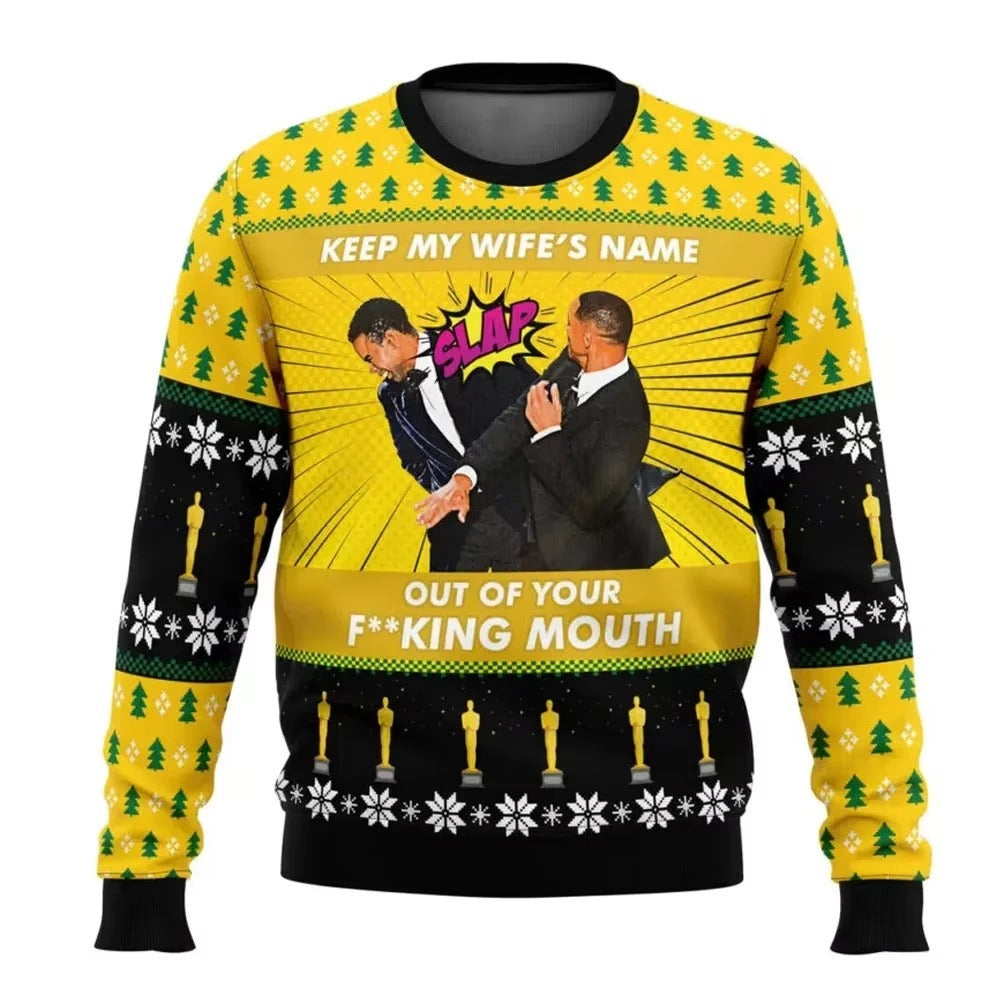 Unisex Funny Christmas Sweater – Will Smith & Chris Rock Meme Graphic Pullover