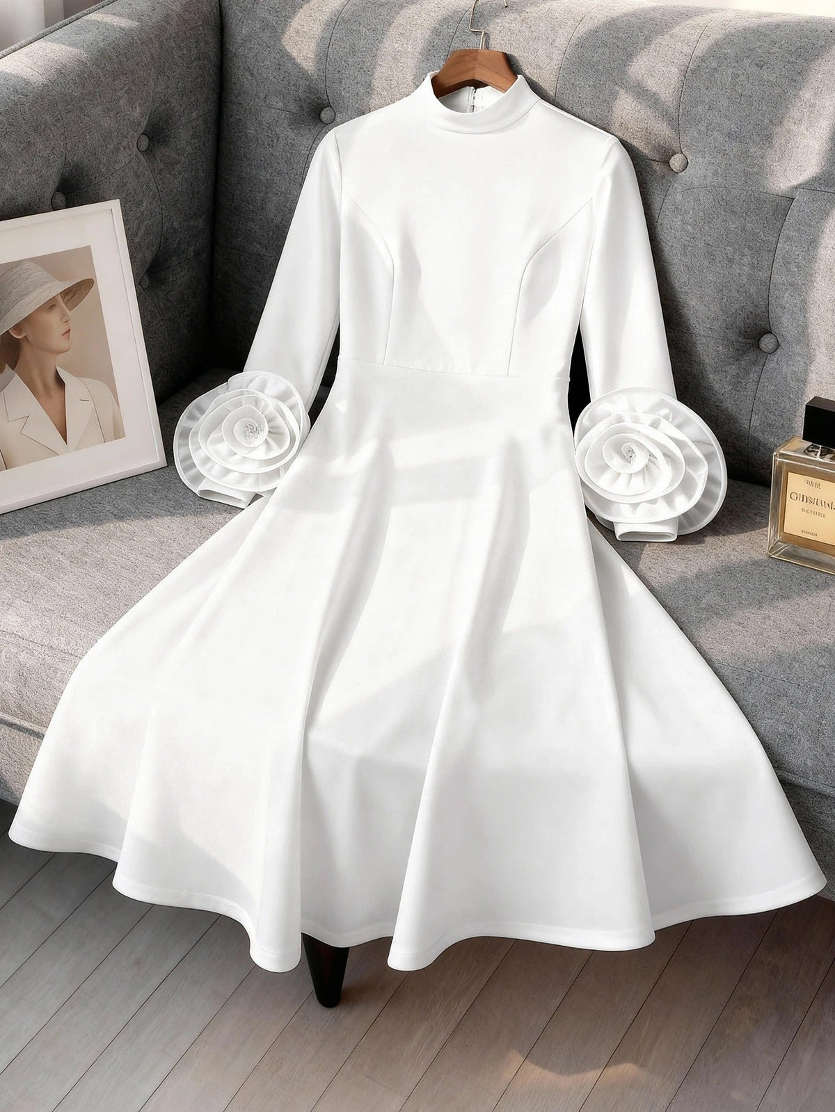 Women's Elegant A-Line Midi Dress – High Neck, Long Sleeves & 3D Floral Cuffs
