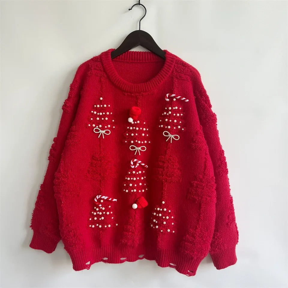 Women's Red Christmas Knit Sweater – Pearl Embellishments & Bow Details