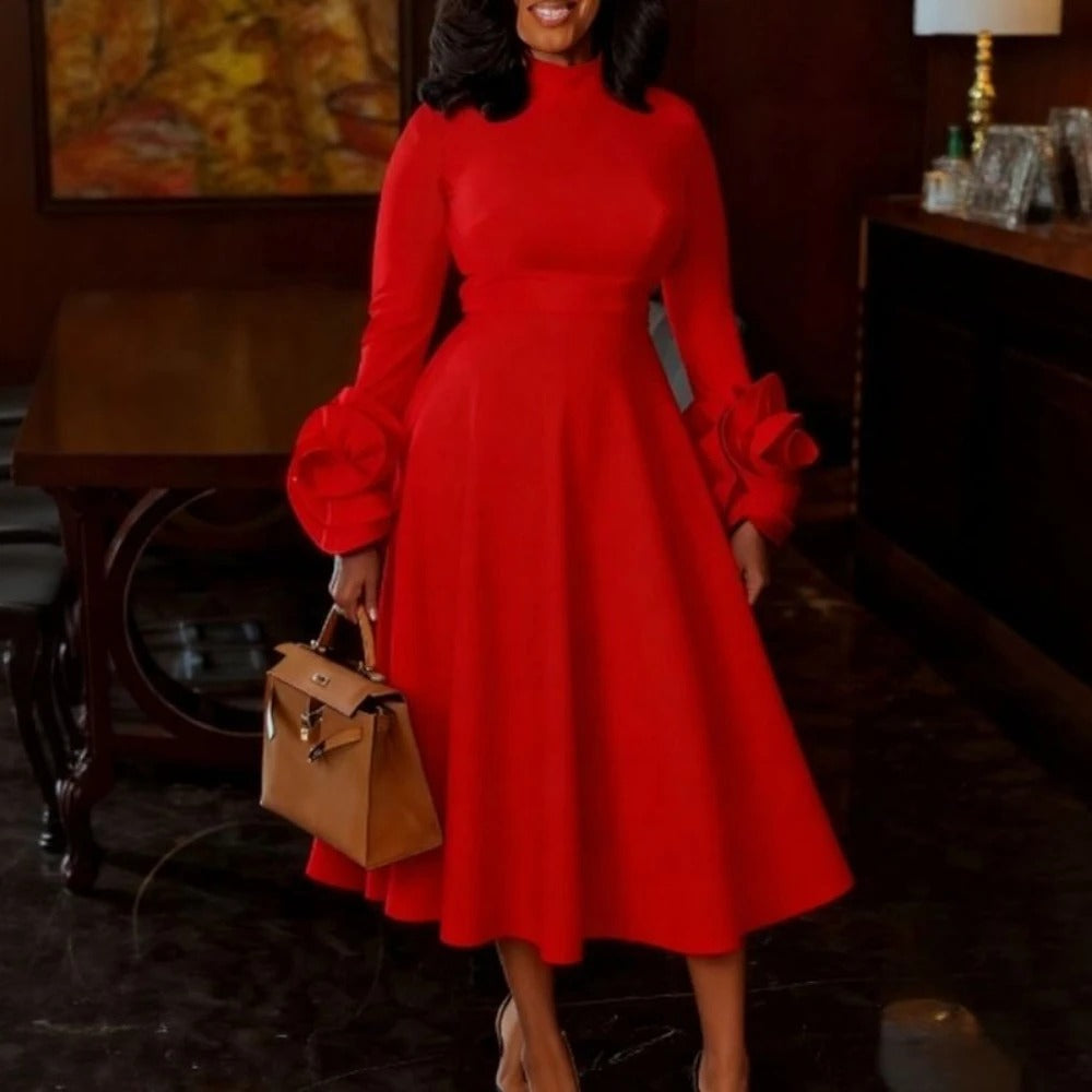 Women's Elegant A-Line Midi Dress – High Neck, Long Sleeves & 3D Floral Cuffs