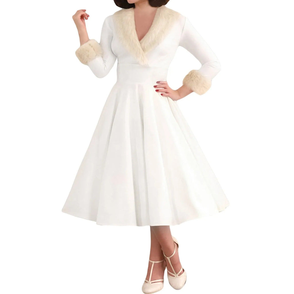 Women's Christmas Dress – Red Long Sleeve V-Neck A-Line Dress with Plush Trim