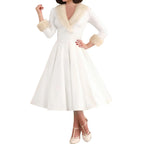 Women's Christmas Dress – Red Long Sleeve V-Neck A-Line Dress with Plush Trim