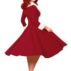 Women's Christmas Dress – Red Long Sleeve V-Neck A-Line Dress with Plush Trim