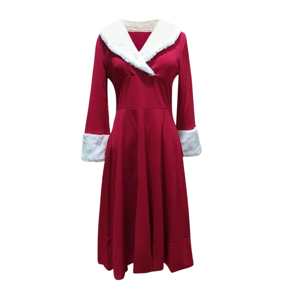 Women's Christmas Dress – Red Long Sleeve V-Neck A-Line Dress with Plush Trim