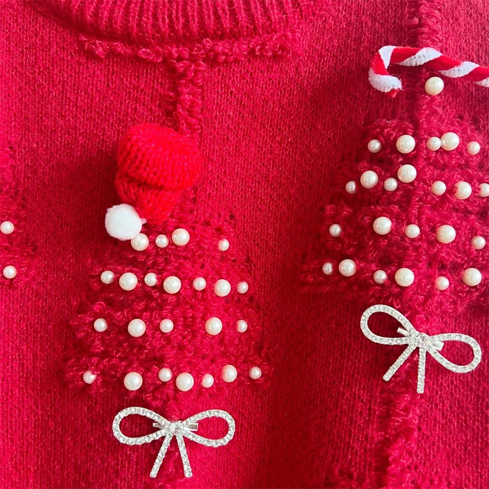 Women's Red Christmas Knit Sweater – Pearl Embellishments & Bow Details
