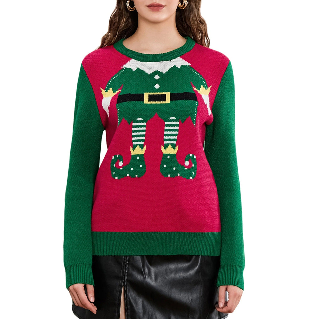 Women's Christmas Elf Sweater – Festive Red and Green Long Sleeve Knit Pullover